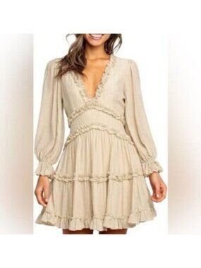 Beige Deep V Neck Ruffle Long Sleeve Floral Print Mini Dress Size XL